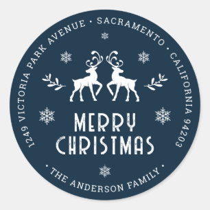 Reindeer Snowflake Blue Christmas Return Address Classic Round Sticker