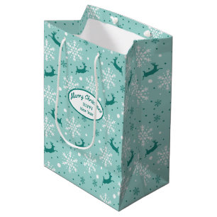 Reindeer Snowflake Teal Blue Christmas Medium Gift Bag
