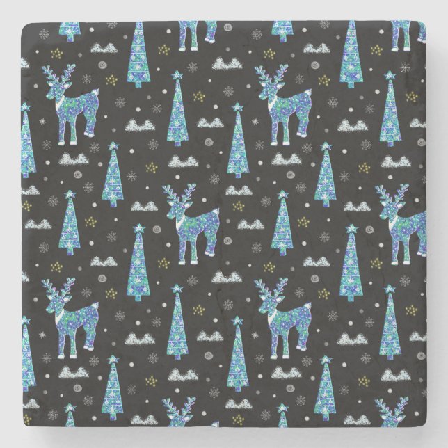 Reindeer, snowflakes, Christmas pattern Stone Coaster (Front)