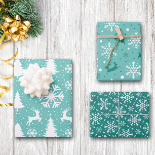 Reindeer Snowflakes Christmas Trees Teal Pattern Wrapping Paper Sheet
