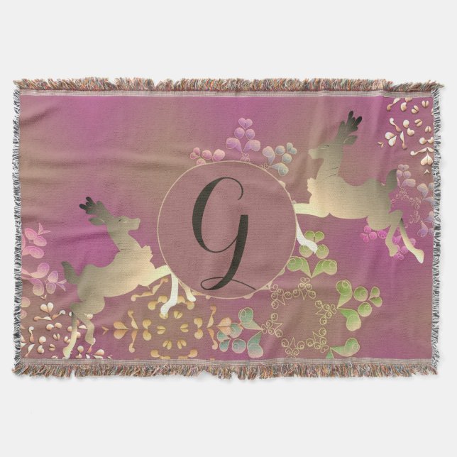 Reindeer & Snowflakes Purple Throw Blanket (Front)