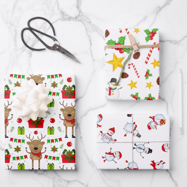 Reindeer Snowman Candy Stars Christmas Wrapping Paper Sheet (Front)