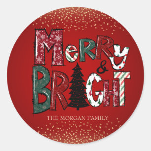 Reindeer,Snowman,Confetti Red Merry and Bright Classic Round Sticker