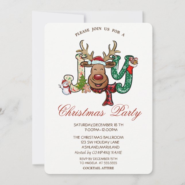 Reindeer,Snowman,Joy Christmas Party  Invitation (Front)