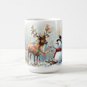 Reindeer & Snowman with Christmas Lights Coffee Mug