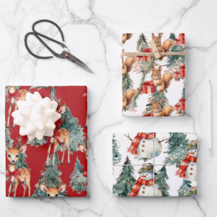 Reindeer, Snowmen, Squirrels for Christmas Wrapping Paper Sheet
