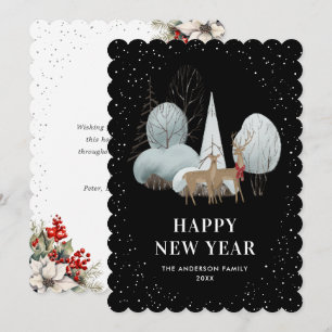 Reindeer Snowy Forest Black New Year Card