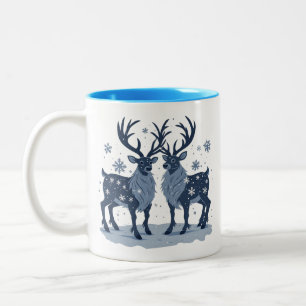 Reindeer Standing Together In Winter Snow Two-Tone Coffee Mug