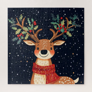 Reindeer Starry Christmas Twinkle Night Jigsaw Puzzle