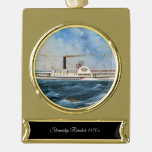 Reindeer Steamboat 1850 Gold Plated Banner Ornament