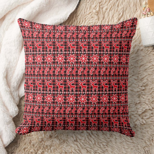 Reindeer Stocking Fair Isle Christmas Pattern Cushion (Blanket)