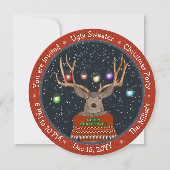 Reindeer Tangled Christmas Lights Red Ugly Sweater Invitation (Front)