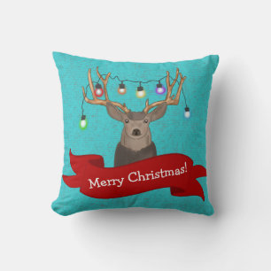 Reindeer Tangled in Christmas Lights Turquoise Cushion