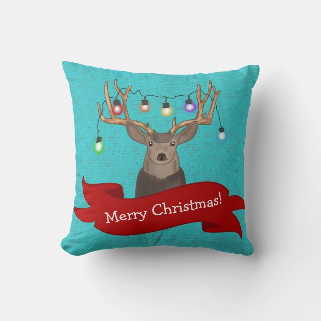 Reindeer Tangled in Christmas Lights | Turquoise Cushion (Front)