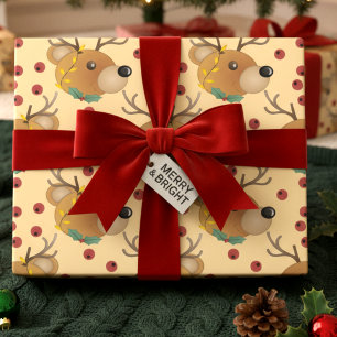 Reindeer Teddy Bear With Lights Beige Christmas Wrapping Paper
