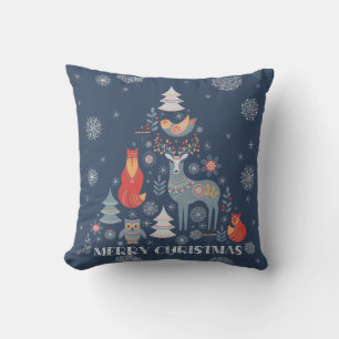 Reindeer Tree Scandinavian Animal Snowflake Blue  Cushion