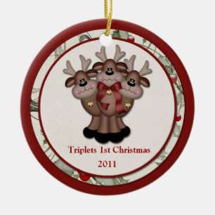Reindeer Triplets 1st Christmas Ceramic Tree Decoration