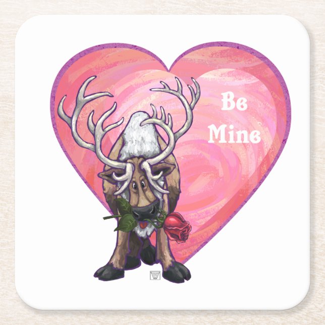 Reindeer Valentine's Day Square Paper Coaster (Front)