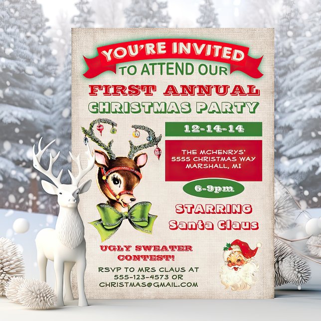 Reindeer Vintage Retro Christmas Party Invitation (Creator Uploaded)