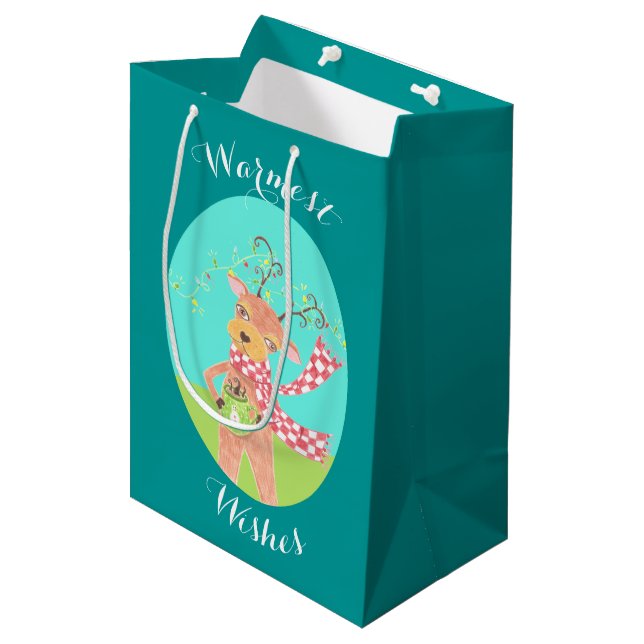 Reindeer warmest wishes Christmas gift bag (Front Angled)
