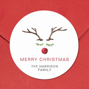Reindeer Watercolor Merry Christmas Classic Round Sticker