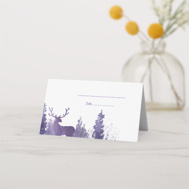 Reindeer Watercolor Purple Wedding Place Card (Front)