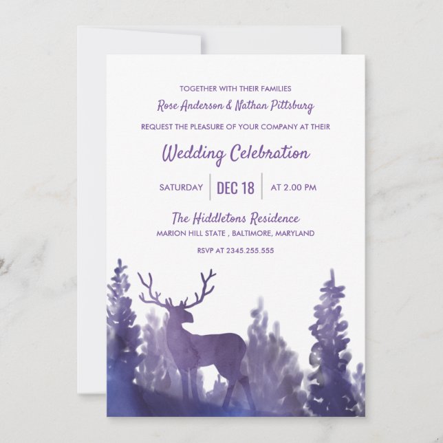 Reindeer Watercolor Purple | Winter Wedding Invitation (Front)