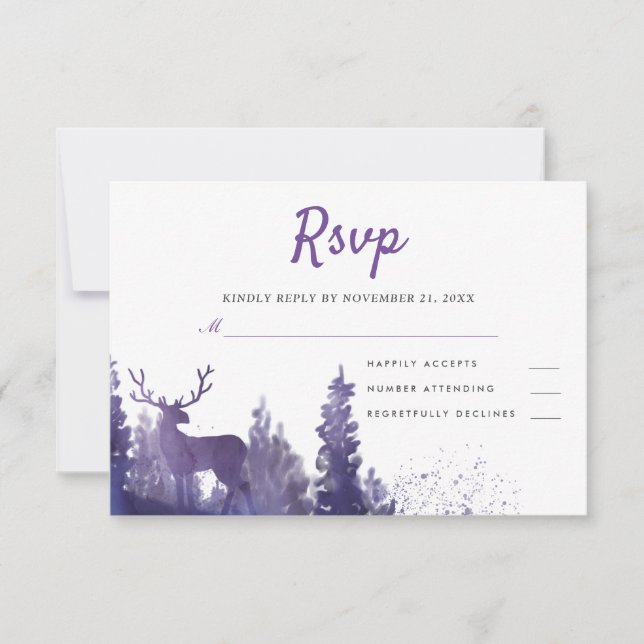 Reindeer Watercolor Purple Winter Wedding RSVP (Front)