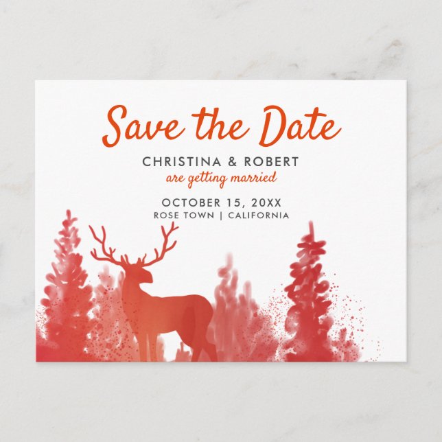 Reindeer Watercolor Red Winter Save The Date Announcement Postcard (Front)