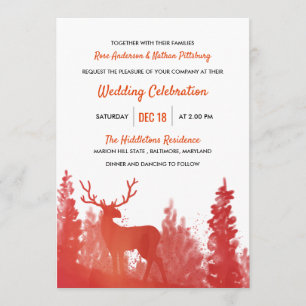 Reindeer Watercolor Red   Winter Wedding Invitation