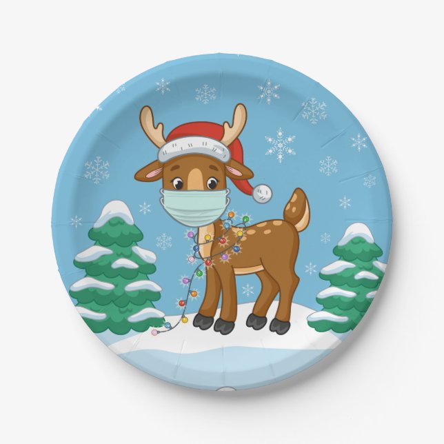 Reindeer Wearing A Mask For Christmas Paper Plate (Front)