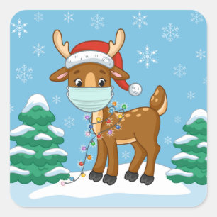 Reindeer Wearing A Mask For Christmas Square Sticker