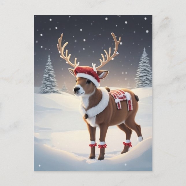 Reindeer Wearing a Santa Hat Holiday Postcard (Front)