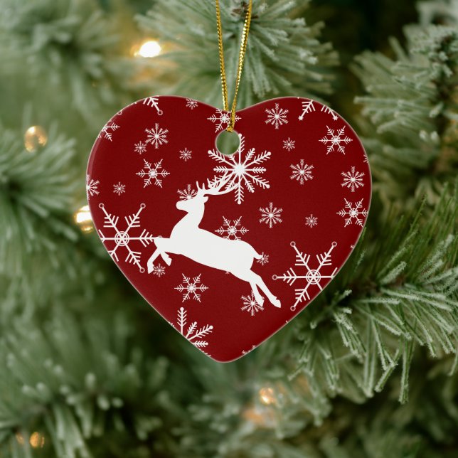 Reindeer White Snowflake On Red Pattern Ceramic Tree Decoration (Tree)