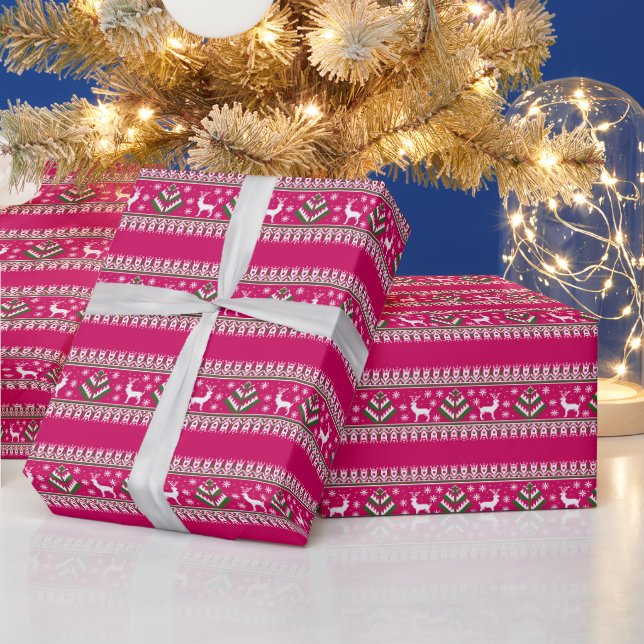 Reindeer Winter Fair Isle Pattern in Pink Wrapping Paper (Holidays)