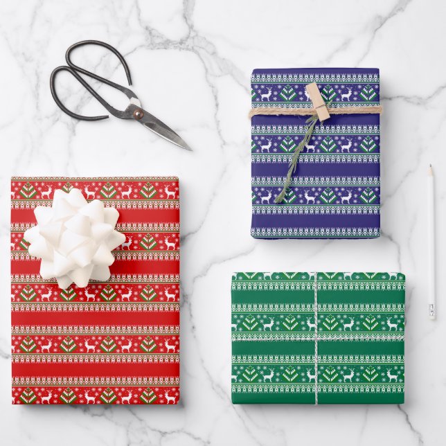 Reindeer Winter Fair Isle Seamless Pattern Wrapping Paper Sheet (Front)
