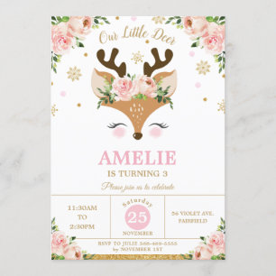 Reindeer Winter Gold Snowflakes Birthday Party Invitation
