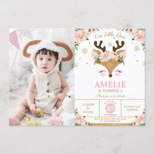 Reindeer Winter Gold Snowflakes Birthday Photo Invitation