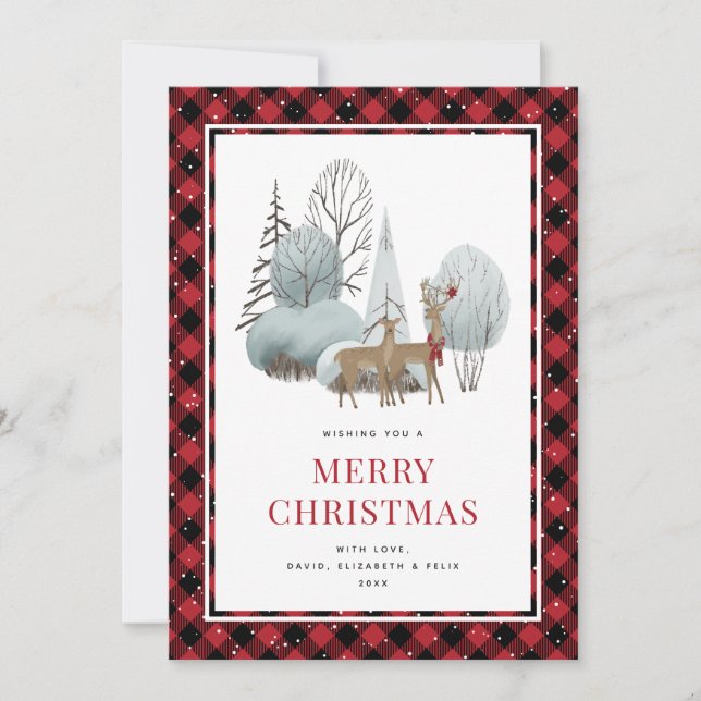 Reindeer Winter Scene Red Merry Christmas Holiday Card (Front)