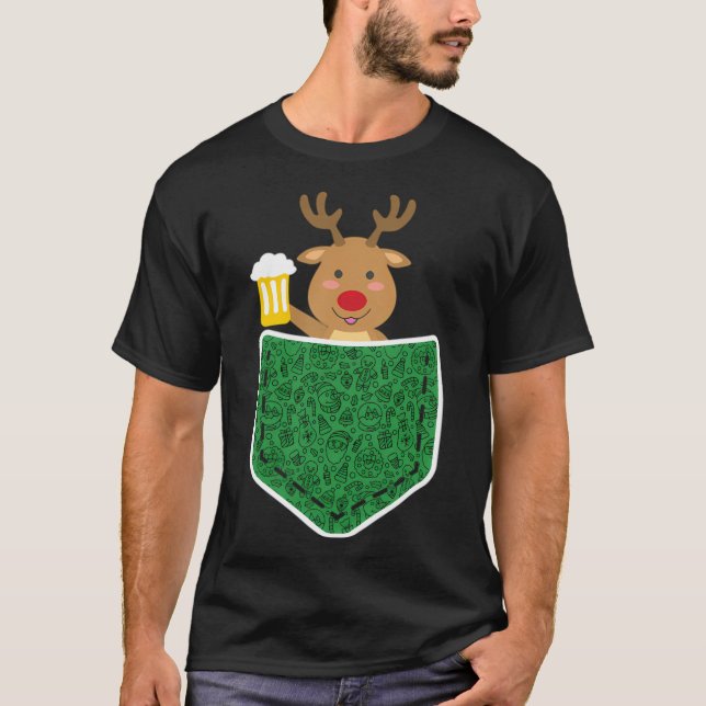 Reindeer With Beer In Pocket Funny Adult Christmas T-Shirt (Front)