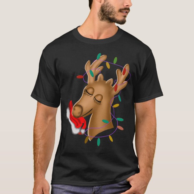 Reindeer With Christmas Lights And Santa Claus Hat T-Shirt (Front)