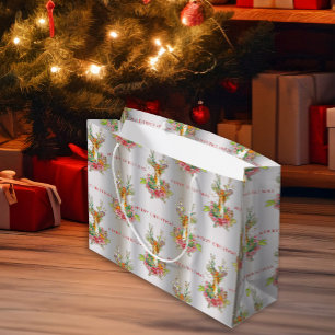 Reindeer with Flowers Silver Christmas  Large Gift Bag