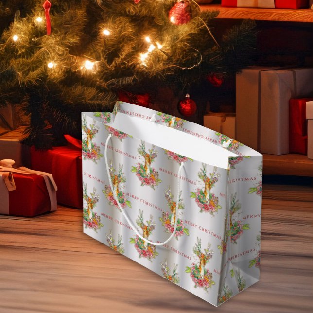 Reindeer with Flowers Silver Christmas  Large Gift Bag (Creator Uploaded)