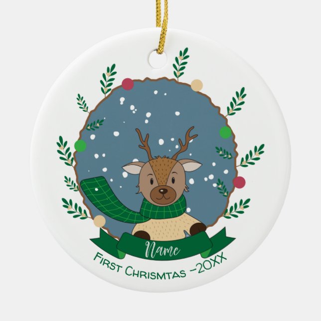 Reindeer with Green Scarf 1st Christmas Ornament (Front)