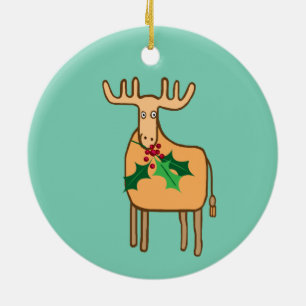 reindeer with holly, moose with christmas lights ceramic tree decoration