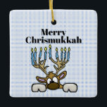 Reindeer With Menorah Antlers Chrismukkah Ornament<br><div class="desc">This ornament features my Jewish reindeer whose antlers are a Menorah. The text on this ornament is customisable to suit you or your recipient.  Designed by Sheila Cicchi,  Brownielocks.com. All Rights Reserved.  NOTE: Due to the design style,  this can only be purchased on SQUARE ornaments only.</div>