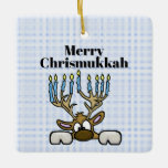 Reindeer With Menorah Antlers Chrismukkah Ornament<br><div class="desc">This ornament features my Jewish reindeer whose antlers are a Menorah. The text on this ornament is customisable to suit you or your recipient.  Designed by Sheila Cicchi,  Brownielocks.com. All Rights Reserved.  NOTE: Due to the design style,  this can only be purchased on SQUARE ornaments only.</div>