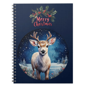Reindeer with Merry Christmas wreath greeting Notebook