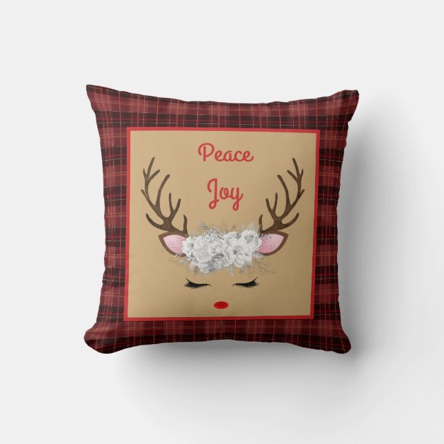Reindeer with White Roses on Plaid Peace and Joy Cushion (Front)