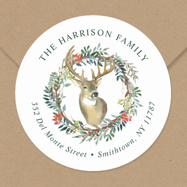 Reindeer Wreath Christmas Return Address Classic Round Sticker (Creator Uploaded)